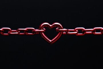 A red heart-shaped chain link set against a black background, symbolizing love, strength, and connection with a bold industrial design.
