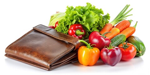 Fresh vegetables spill out of a worn brown leather wallet, symbolizing the nutritious investment in one's health and the value of smart financial decisions.