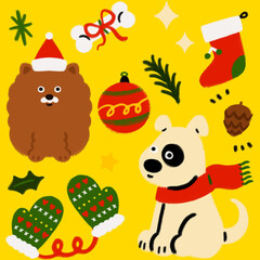 Naklejka premium super cute dogmas Christmas wrapping paper seamless pattern surface design hand-drawn adorable dog dogs puppy trendy simple illustration Christmas decoration celebration ornaments stockings gifts