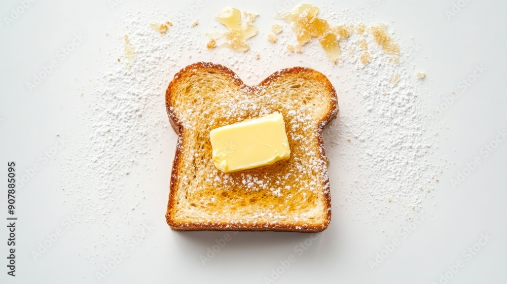 Poster Top view of honey toast with a scoop of butter and a dusting of powdered sugar, set against a white background.
