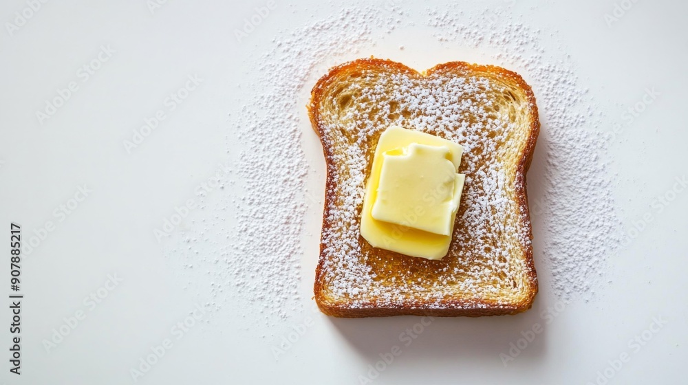Aufkleber Top view of honey toast with a scoop of butter and a dusting of powdered sugar, set against a white background.