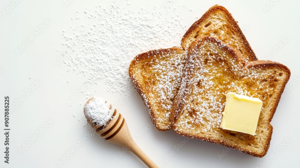 Poster Top view of honey toast with a scoop of butter and a dusting of powdered sugar, set against a white background.
