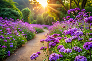 Obraz premium Vibrant purple heliotrope flowers bloom along a serpentine garden path, surrounded by lush greenery, creating a tranquil and picturesque scene in warm, soft light.