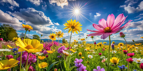 Vibrant blooming flowers of yellow, pink, and purple hues sway gently in a lush green meadow under a bright sunny blue sky on a warm spring day.