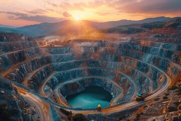 Stunning aerial view of a large open-pit mine at sunset, showcasing its intricate terraced design and the natural beauty of the surrounding landscape.