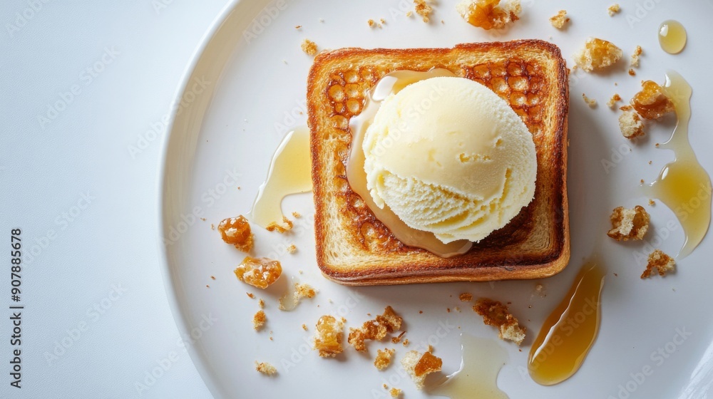 Poster Top view of honey toast with a scoop of vanilla ice cream and a drizzle of honey on a white background.