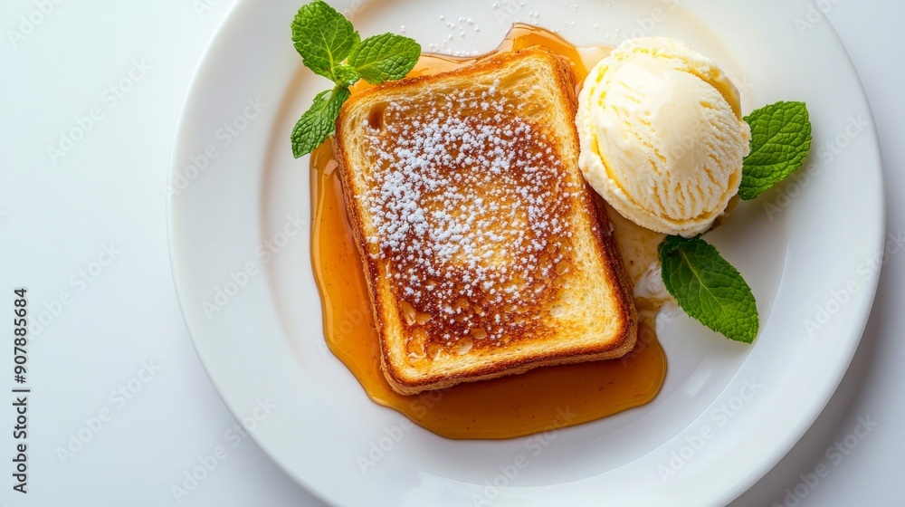Poster top view of honey toast with a side of vanilla ice cream and fresh mint leaves, set against a white 