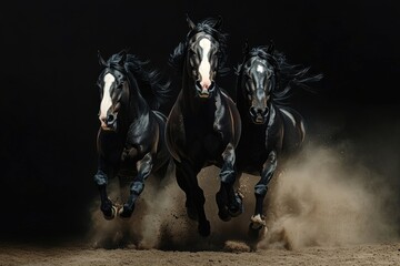Three Black Horses Running on a Dirt Path in a Dark Setting
