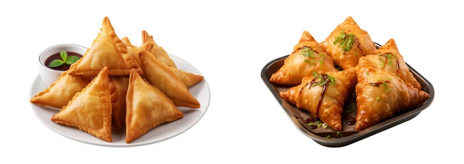 Set of samosas. Indian street food photography cutout.