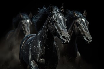Black Horses Running Through Dust in the Darkness