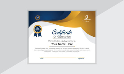 Certificate of appreciation template, gold and blue color. Clean modern certificate with gold badge. Certificate vactor design