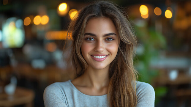 Young woman smiling and shaking hands in a cozy café, friendly greeting, positive first impression