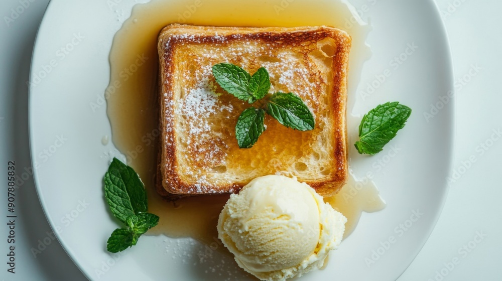 Aufkleber top view of honey toast with a side of vanilla ice cream and fresh mint leaves, set against a white 