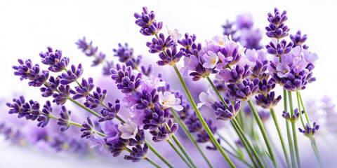 Delicate, velvety lavender blooms with subtle purple hues and white centers rest serenely against a pristine white background, exuding elegance and sophistication.