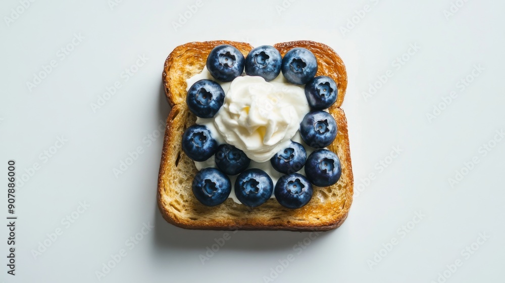 Poster top view of honey toast with blueberries and a dollop of whipped cream, set against a white backgrou