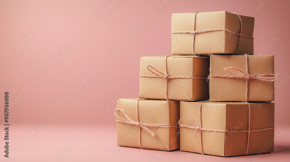 Poster cardboard boxes neatly stacked on plain background, minimalistic and tidy