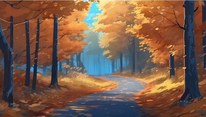 anime cartoon forest road fall autumn changing leaves foliage orange background wallpaper room for copy