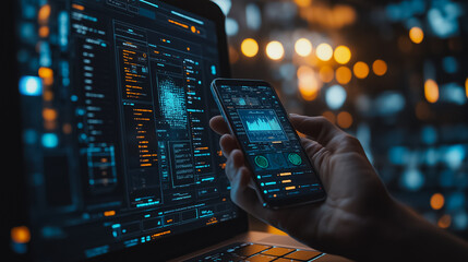 User engaging with mobile phone and laptop for cybersecurity, showcasing data protection, privacy security, data encryption, and secure internet access with advanced software technology