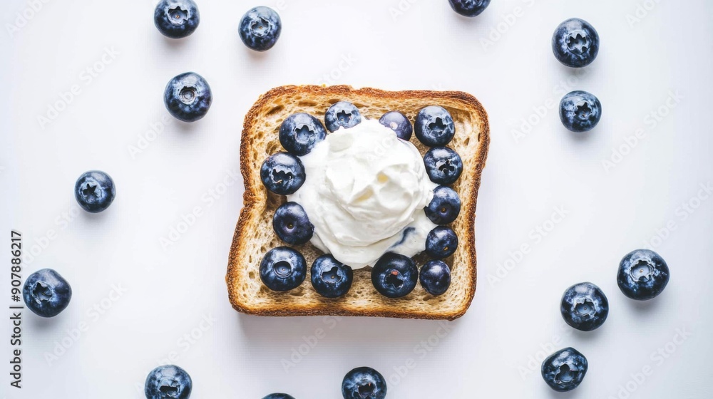 Poster top view of honey toast with blueberries and a dollop of whipped cream, set against a white backgrou