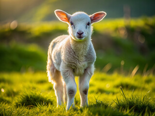 Fototapeta premium Fluffy white lamb with curious eyes and wobbly legs explores lush green meadow in County Louth, Ireland, on a sunny spring morning.