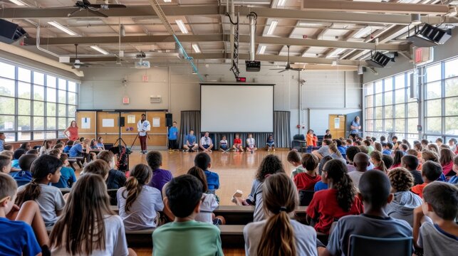 Children Attentively Watching Presentation in Auditorium.