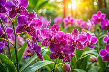 Vibrant purple orchids bloom in a lush group garden setting, surrounded by green foliage and delicate petals, creating a serene and exotic floral arrangement.