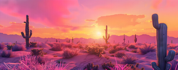 Pink Sunset Desert Landscape - 3D Illustration