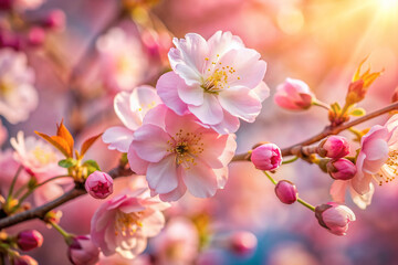 Delicate pink petals of a cherry blossom flower unfurl in soft, warm sunlight, showcasing intricate details and gentle curves of nature's beauty.