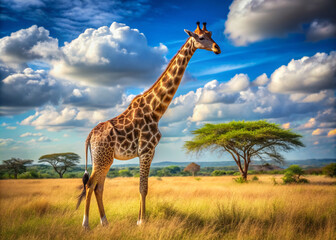 Obraz premium Majestic giraffe stands tall in sunny savanna, its long neck stretched high, gazing into the far distance with curious, gentle, and serene expression.