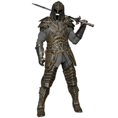3D rendered illustration of a male armor with its helmet and a sword in a pose, isolated on transparent background