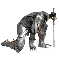 Fototapeta premium 3D rendered illustration of a male silver armor with its helmet and a sword in a pose, isolated on transparent background