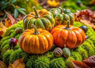 Vibrant orange and green pumpkins nestled on a bed of moss, surrounded by autumn leaves and chestnuts, evoking a sense of cozy seasonal celebration.