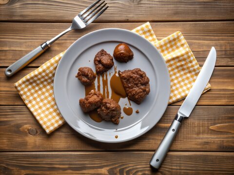 idle utensils beside a plate of fake feces, symbolizing a kitchen disaster, terrible cuisine, and a disastrous dining experience.