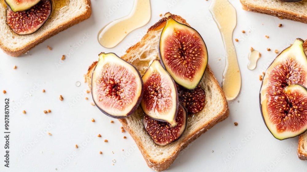 Poster top view of honey toast with fresh figs and a drizzle of honey, set against a white background.