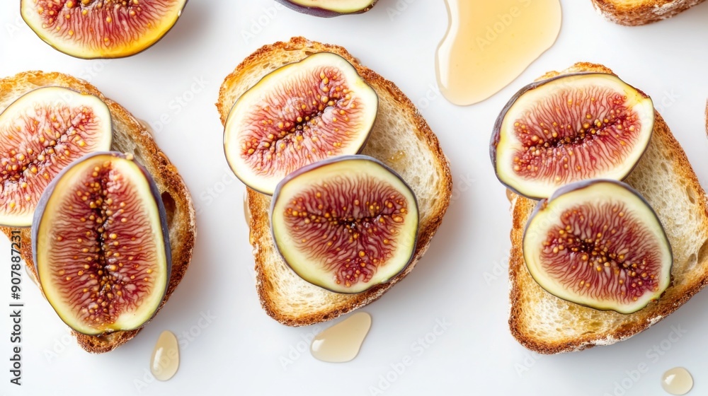 Poster top view of honey toast with fresh figs and a drizzle of honey, set against a white background.