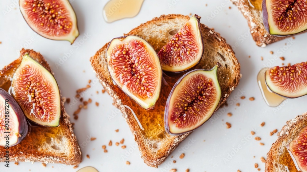 Poster top view of honey toast with fresh figs and a drizzle of honey, set against a white background.