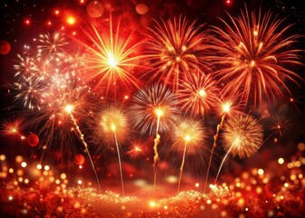 Naklejka premium Vibrant red fireworks illuminate a sparkling 2024 against a dark holiday background, creating a festive and celebratory atmosphere perfect for New Year's Eve decorations.