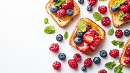 Top view of honey toast with mixed berries and mint leaves, against a white background.