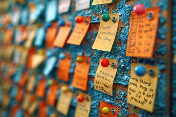 Colorful sticky notes pinned on a corkboard with messages and reminders, creating a vibrant and organized workspace.