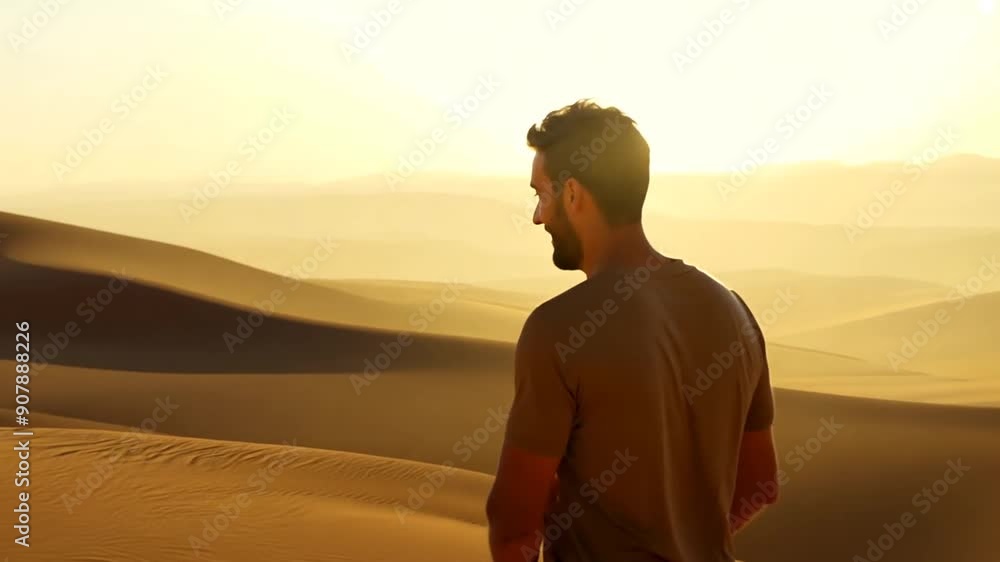 Poster man walking through sunlit desert landscape at dusk generative ai