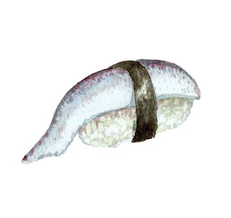 Obraz premium sushi with fish, mackerel, herring, white fish, painted with watercolors, for restaurant menu and fish shop design
