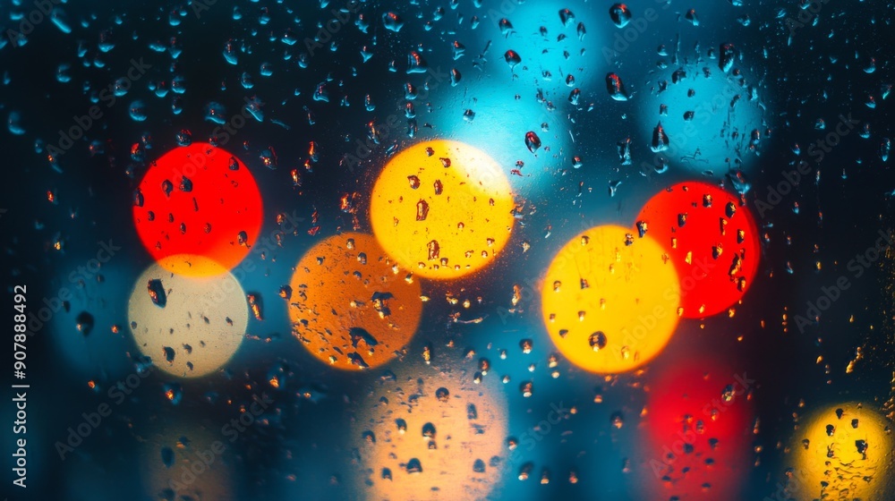 Poster traffic lights glowing through the raindrops on a wet window, creating a blurred and colorful effect
