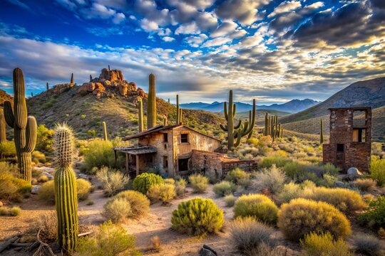 Abandoned remnants of Reymert, Arizona's forgotten ghost town, surrounded by desert flora and eerie mill ruins, scattered across Pinal County's arid landscape.