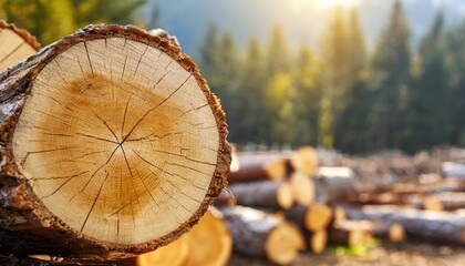 A close-up of freshly cut logs in a forest clearing with trees in the background.