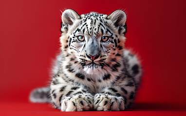 Fototapeta premium Realistic Snow Leopard on Pure Red Background: Surreal Close-Up