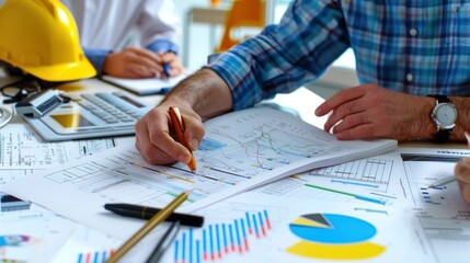 Generate a photo realistic image of a construction project team strategizing cost control strategies with detailed financial charts and budgeting tools; ensure the image is of high resolution