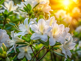 Fototapeta premium Vibrant white azalea flowers burst with delicate beauty, petals unfolding like tender silk, as warm sunlight filters through lush green foliage in serene nature scene.