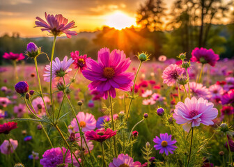 Fototapeta premium Vibrant pink and violet flowers bloom together in a serene sunset meadow, swaying gently in the breeze surrounded by lush greenery and warm golden light.