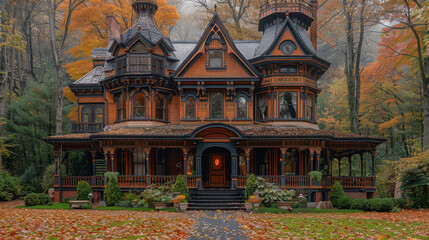 Victorian-style house with intricate details in a fall forest. Concept of architecture in nature