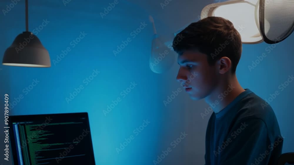 Poster male student working late on computer science project in college room generative ai
